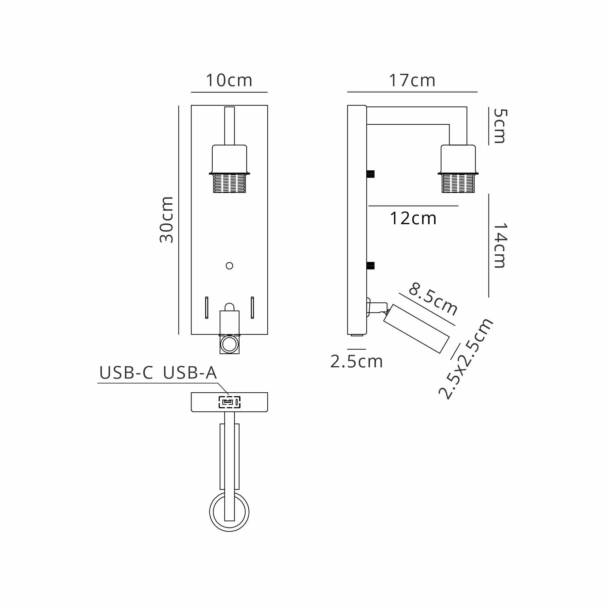 Braxton Wall Lamp (FRAME ONLY) Without Shade, 1 Light E27 + Reading Light USB-A & USB-C 3W LED, 3000K, 270lm - Image 9