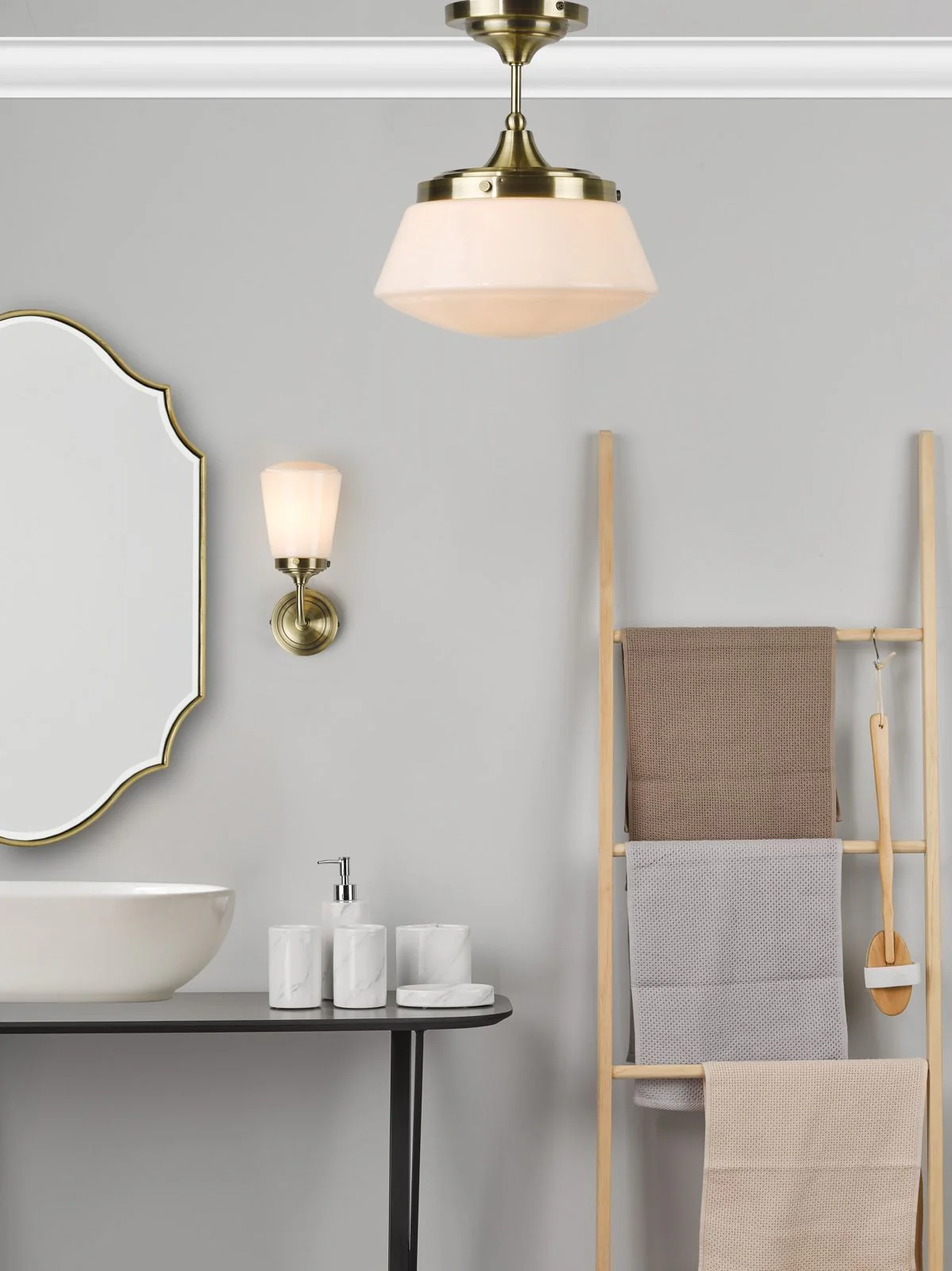 Caden 1 Light Semi Flush Ceiling Light -  Polished Chrome/Antique Brass & Opal Glass IP44 - Image 4