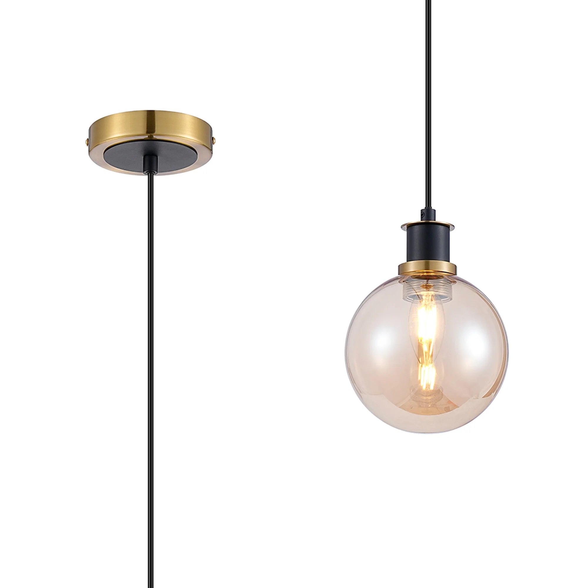 Cassie 1.3m Pendant, 1 Light E14 With 15cm Glass Shade Brass/Satin Nickel Finish