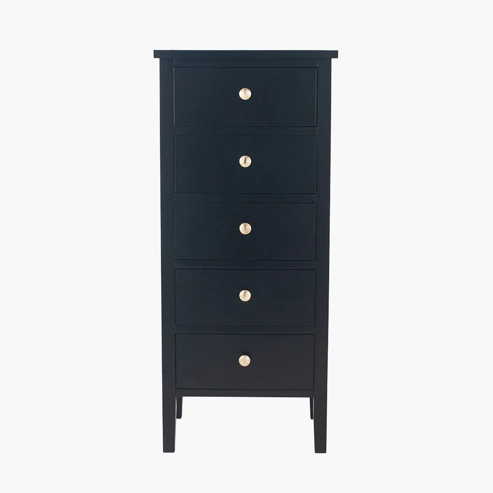 Chelmsford 5 Drawer Tall Boy -  Satin Black Pine Wood Finish
