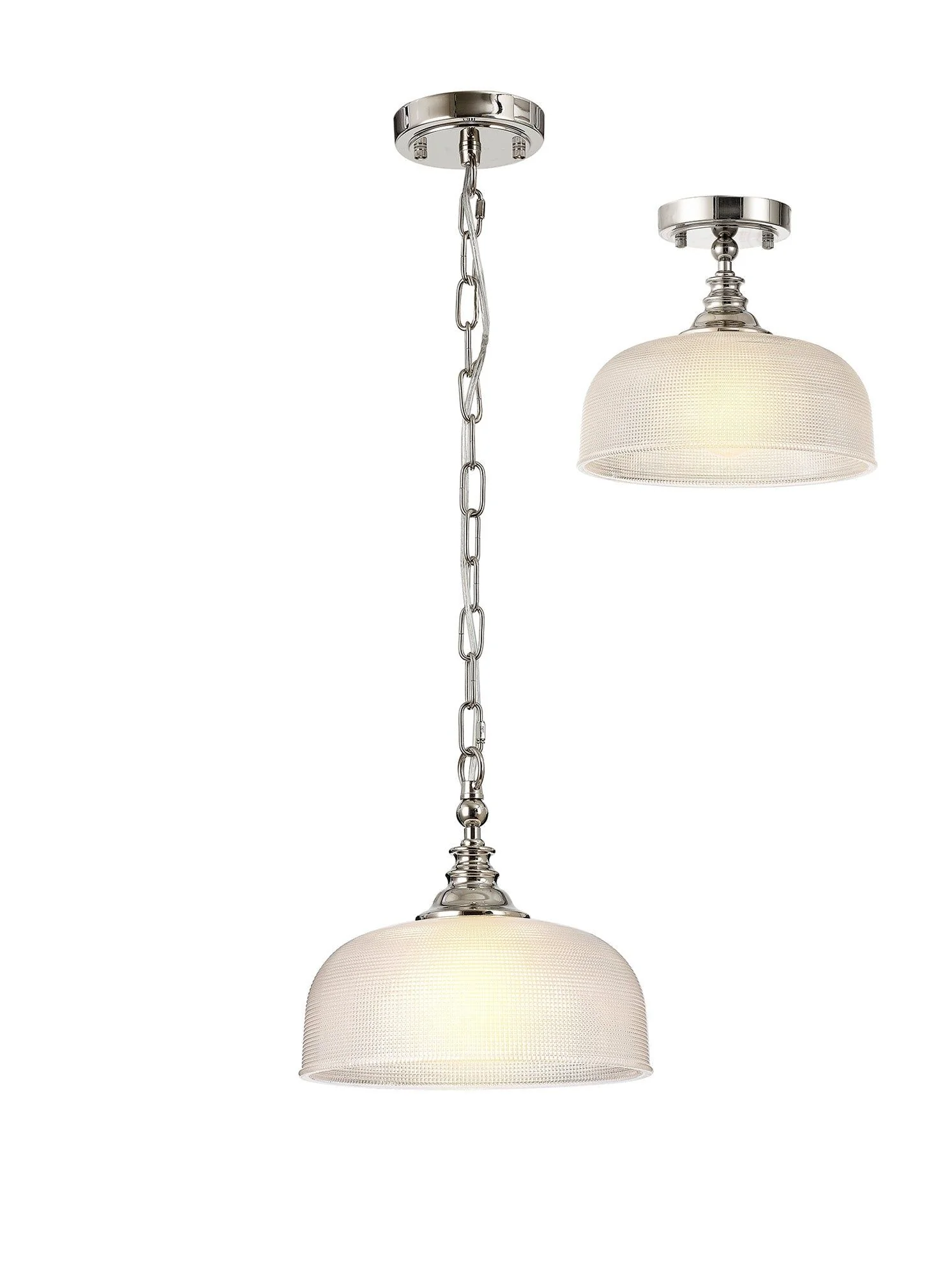 Cleron Flush / Single Pendant, 1 Light Adjustable E27, Polished Nickel, Antique Brass, Satin Nickel / Prismatic Glass