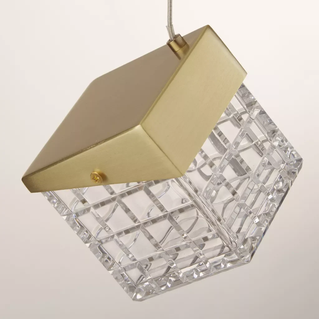 Cuboid LED Pendant-  Satin Brass Metal with Clear Acrylic - Image 3