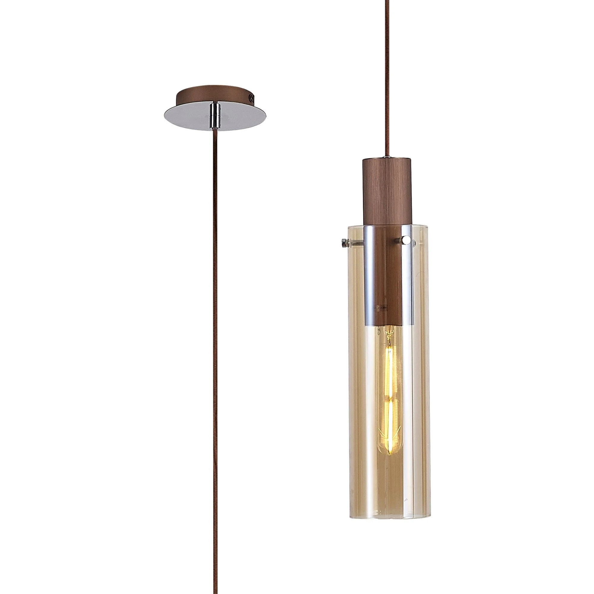 Hailey Slim 1Lt Single Pendant Ceiling Light Adjustable With Polished Chrome & Mocha/Black, Amber/Smoke Fade Glass