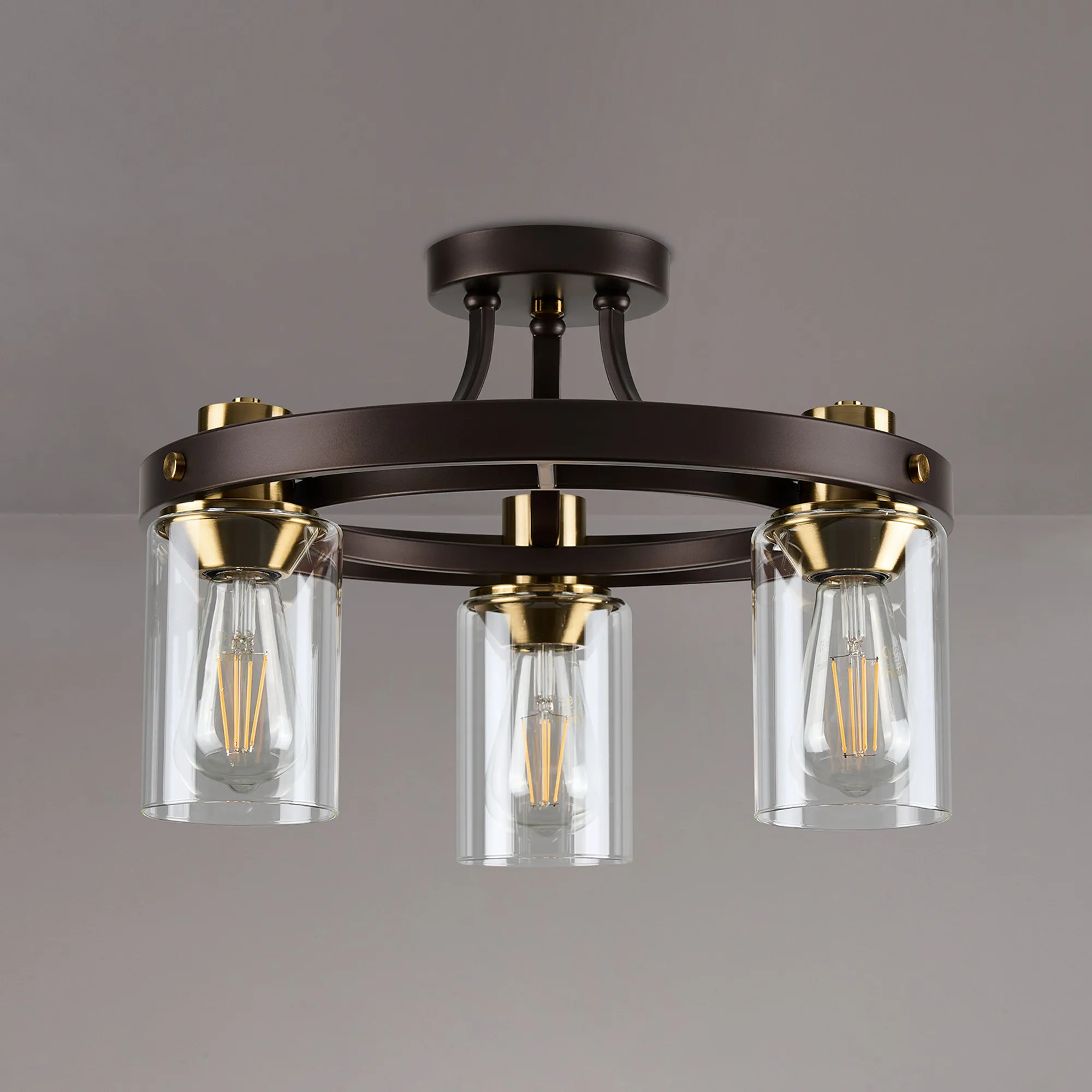 Halo 3/5 Semi Flush Light- Brown Oxide/Gold Bronze With Clear Glass Shades - Image 11