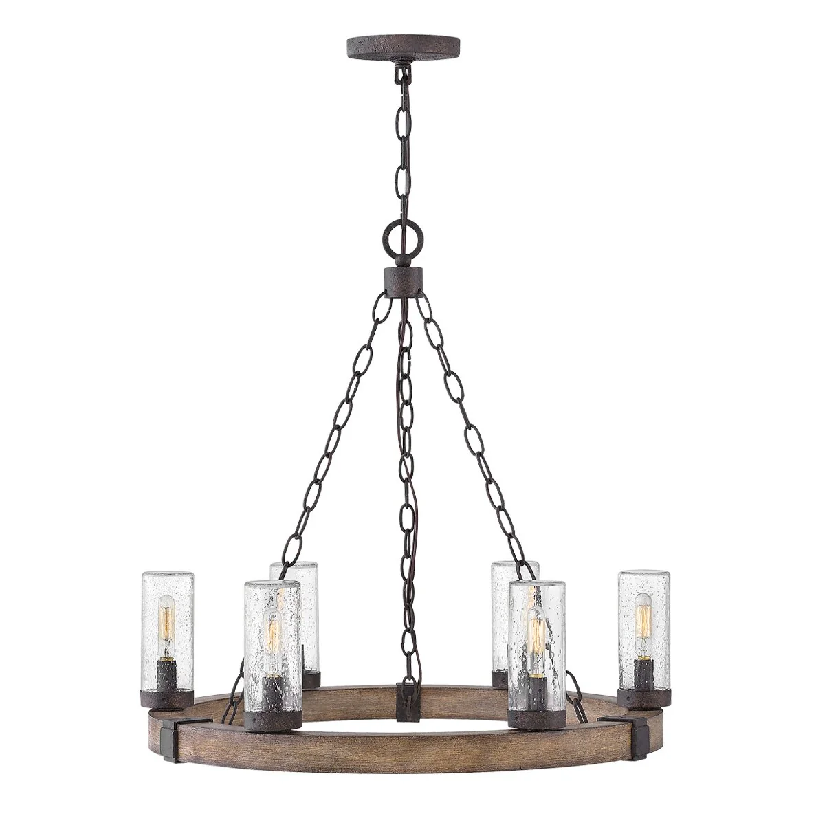 Hinkley Sawyer Exterior Chandelier - Sequoia Wood, Rust Iron, Seeded Glass - IP44