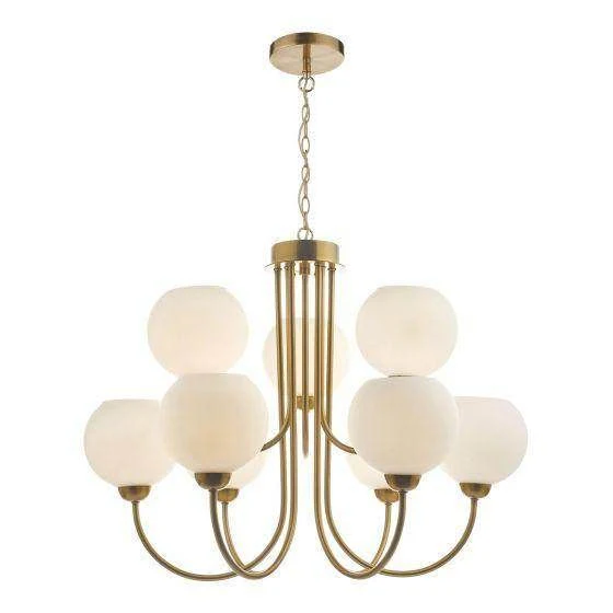 Indra 9 Light Chandelier Natural Brass With Opal Glass