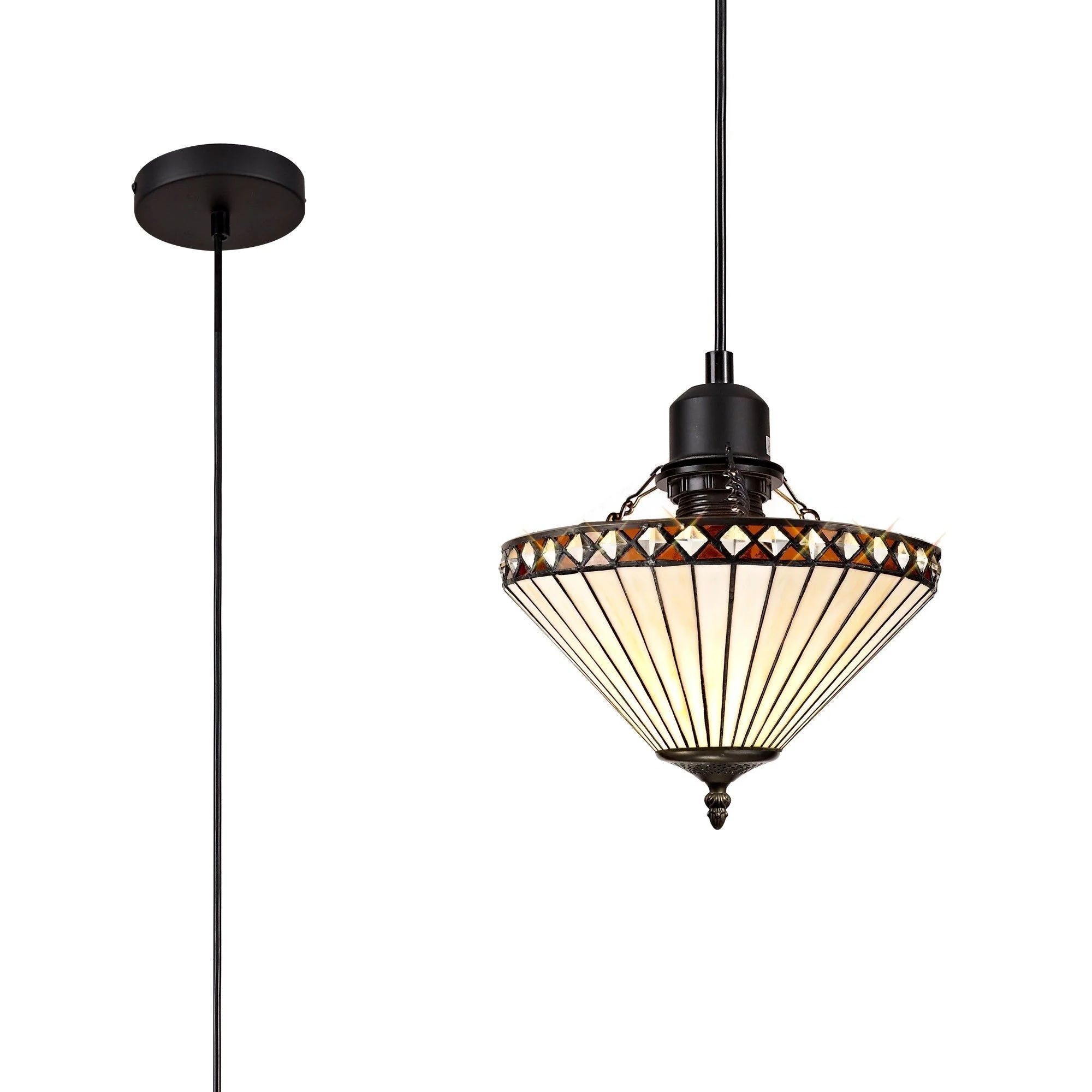 Tiffy 1 Light Uplighter Pendant E27 With 30cm Tiffany Shade, Amber/Cream/Crystal/Black