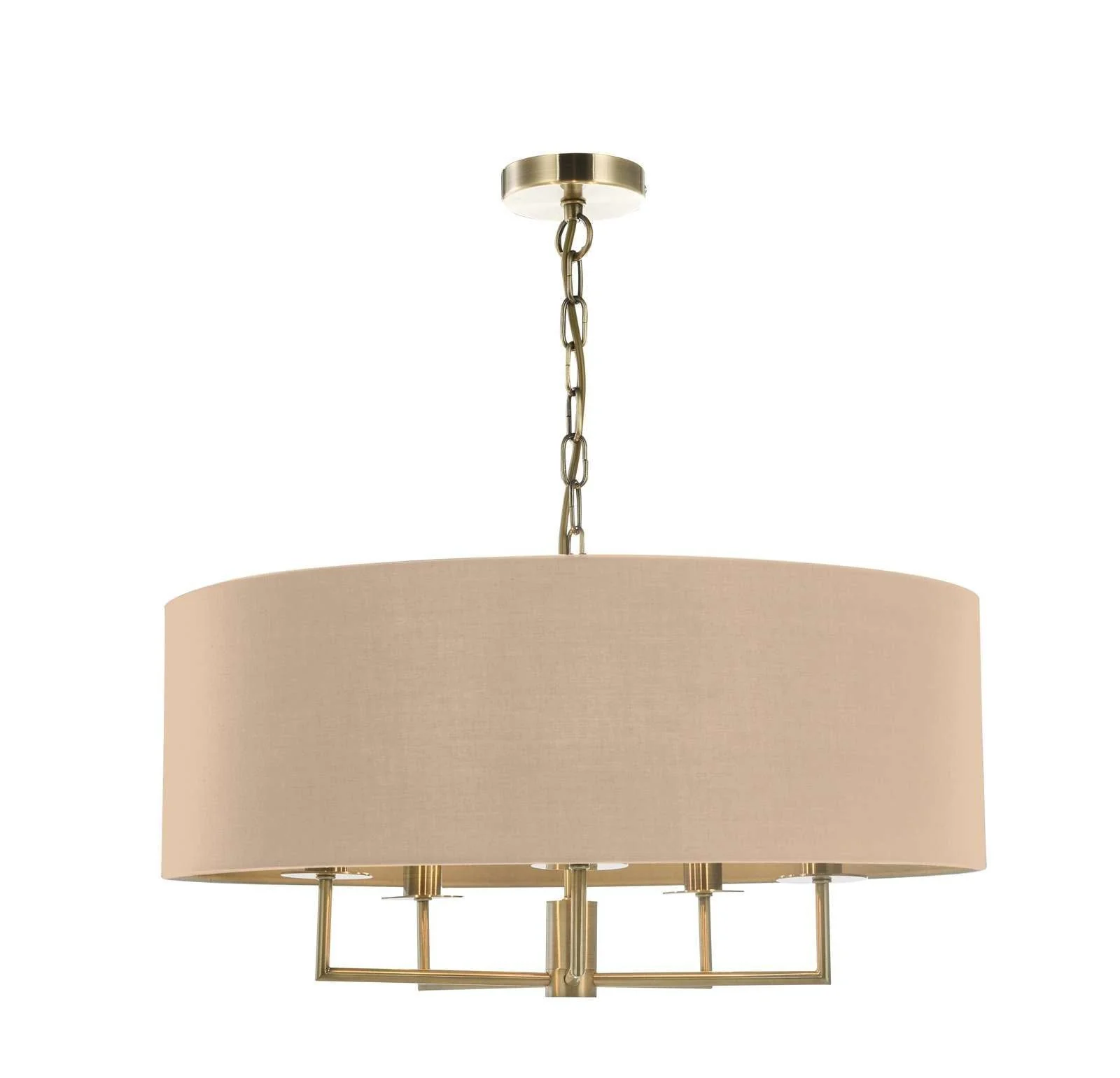 Jamelia 3/5 Arm Hanging Shade Ceiling Lights - Antique Brass & Taupe Shade/ Polished Chrome & Grey Finish