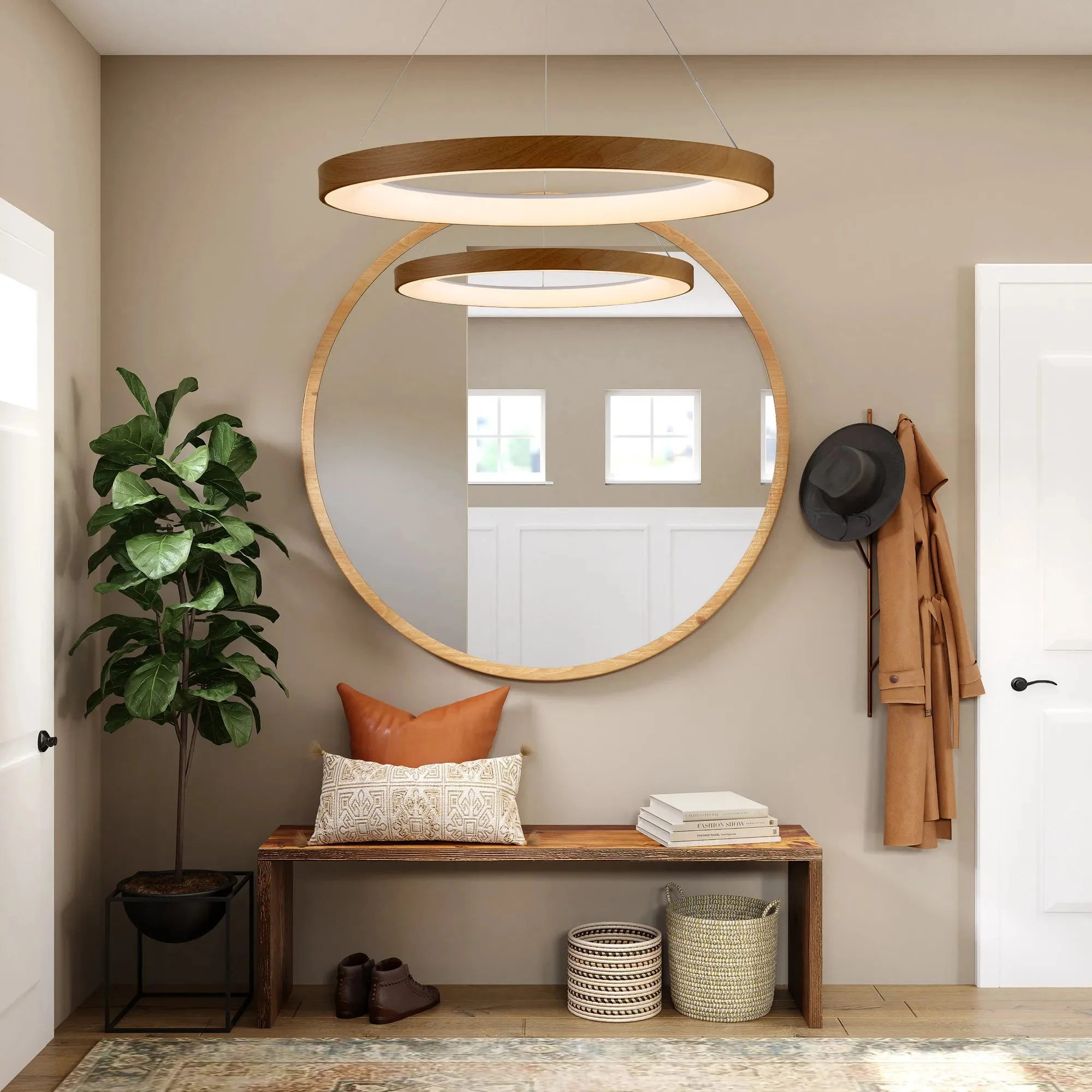 Niseko LED Ring Pendant - Wood/White - Image 4