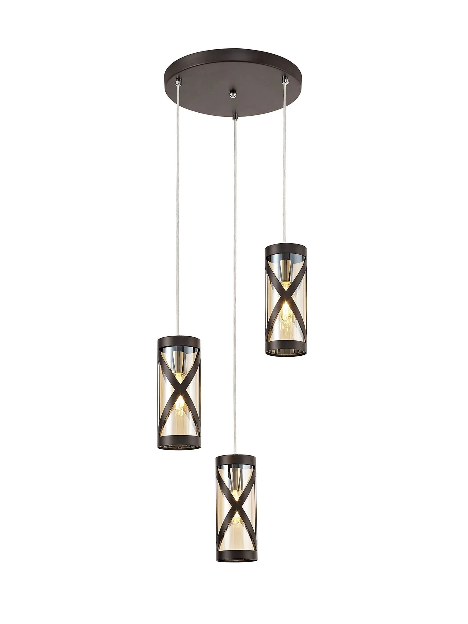 Nivea 3 Light Round Pendant E14, Oiled Bronze/Matt Grey/Polished Chrome/Cognac