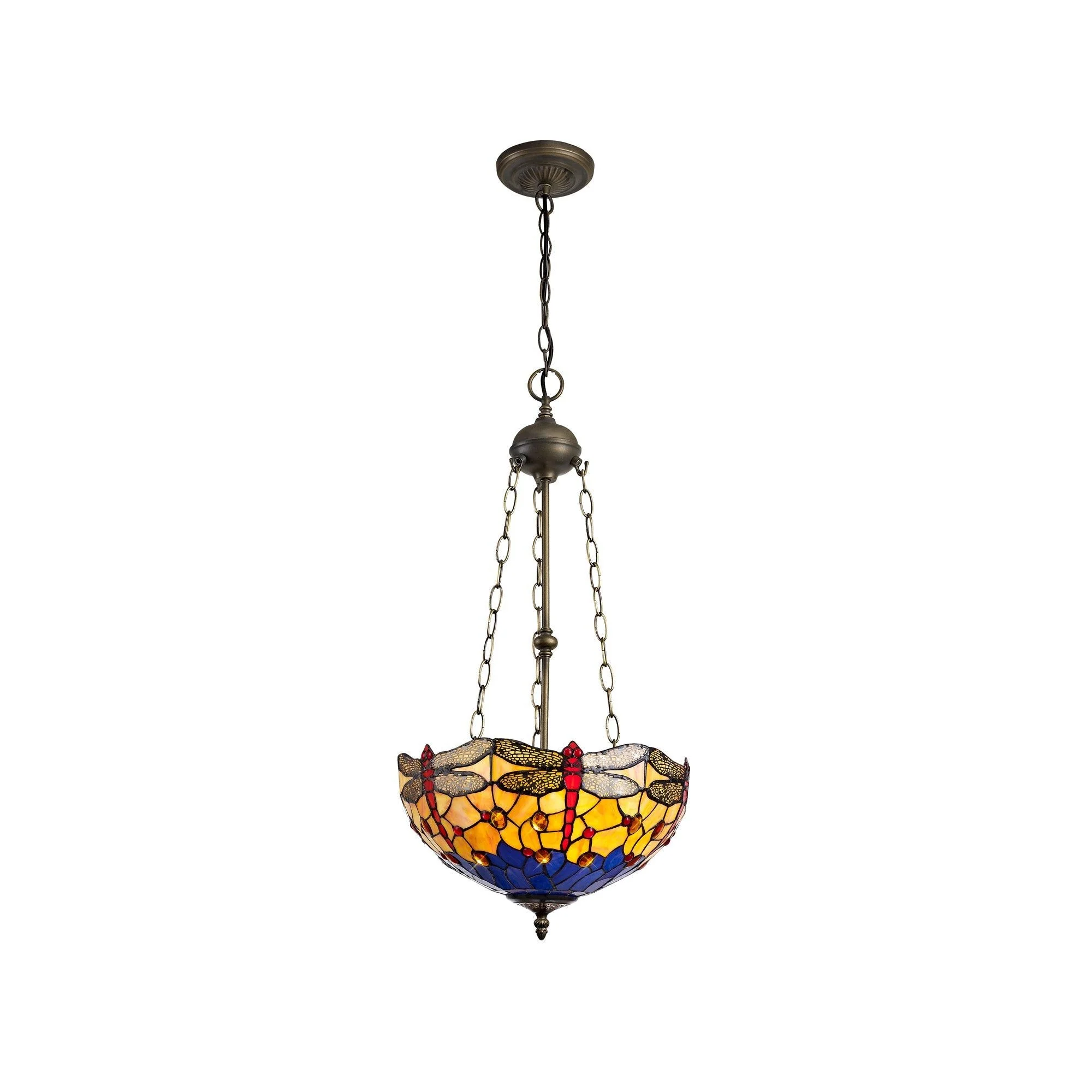 Nuflur 3 Light Uplighter Pendant E27 With 30cm Tiffany Shade,  Antique Brass - Image 2