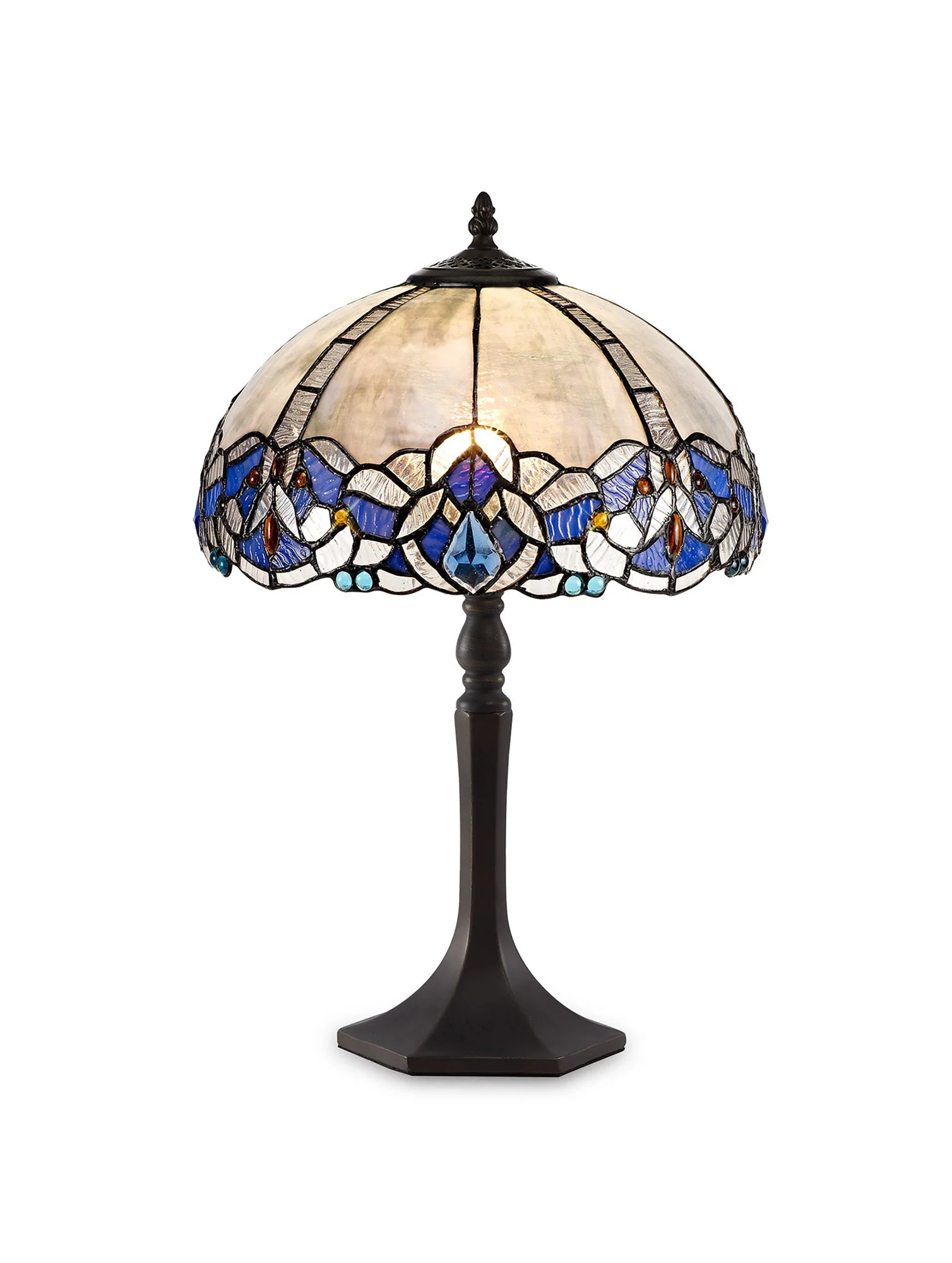 Oksana 1/2 Light Octagonal/Tree/Curved Table Lamp E27 With Tiffany Shade, Blue & Clear Crystal & Aged Antique Brass