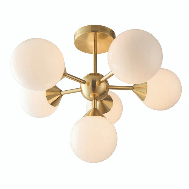 Ruby 6 Light Semi-Flush Ceiling Light, Brushed Brass and Opal Glass Finish