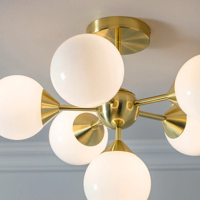 Ruby 6 Light Semi-Flush Ceiling Light, Brushed Brass and Opal Glass Finish - Image 6