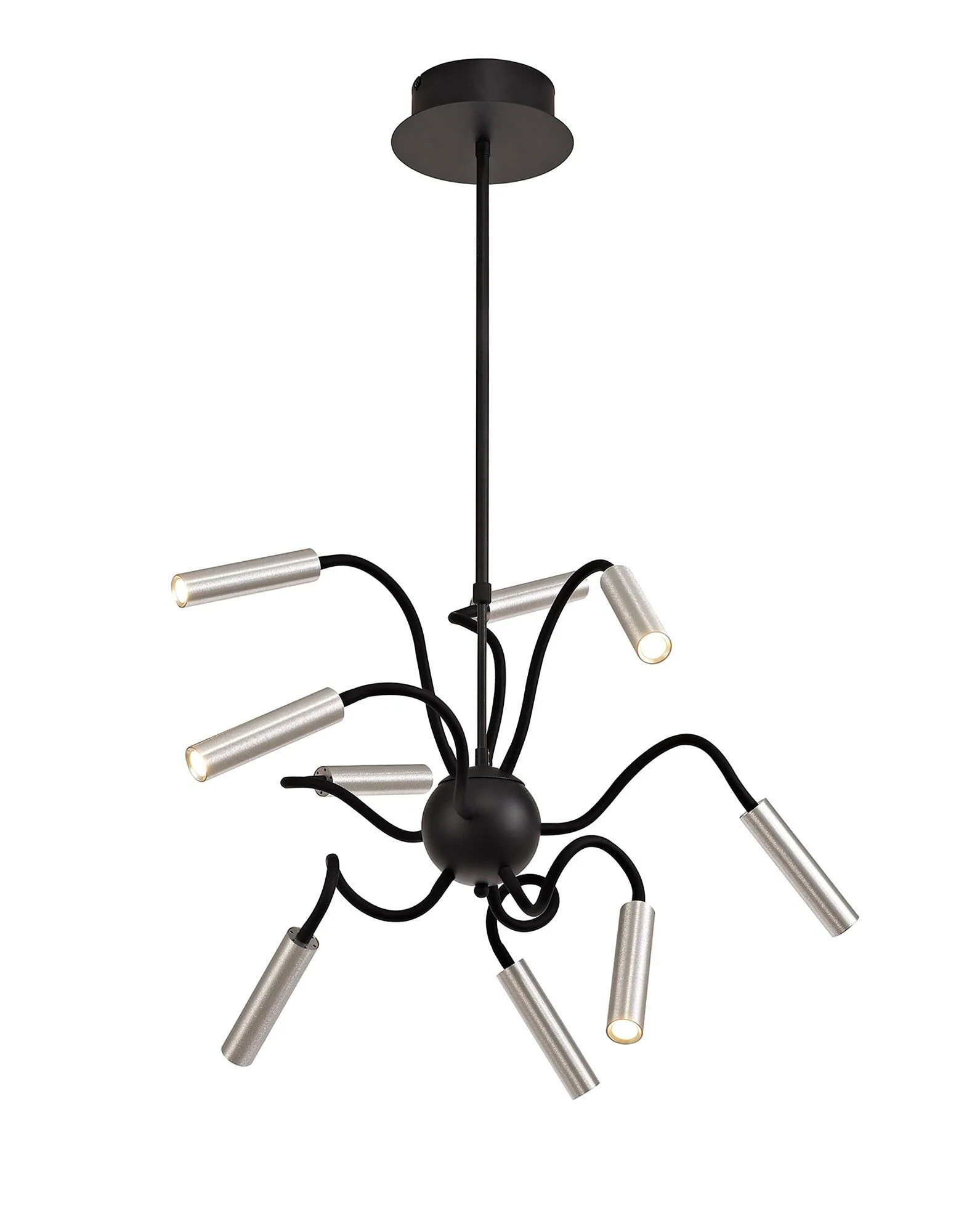 Porto Sputnik Pendant, 9 Light Adjustable Arms, 3000K, Black & Aluminium/Black & Satin Copper Finish