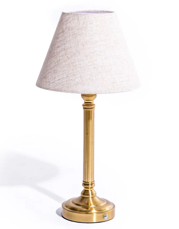 Ribbed Brass Rechargeable Table Lamp with Oatmeal Shade