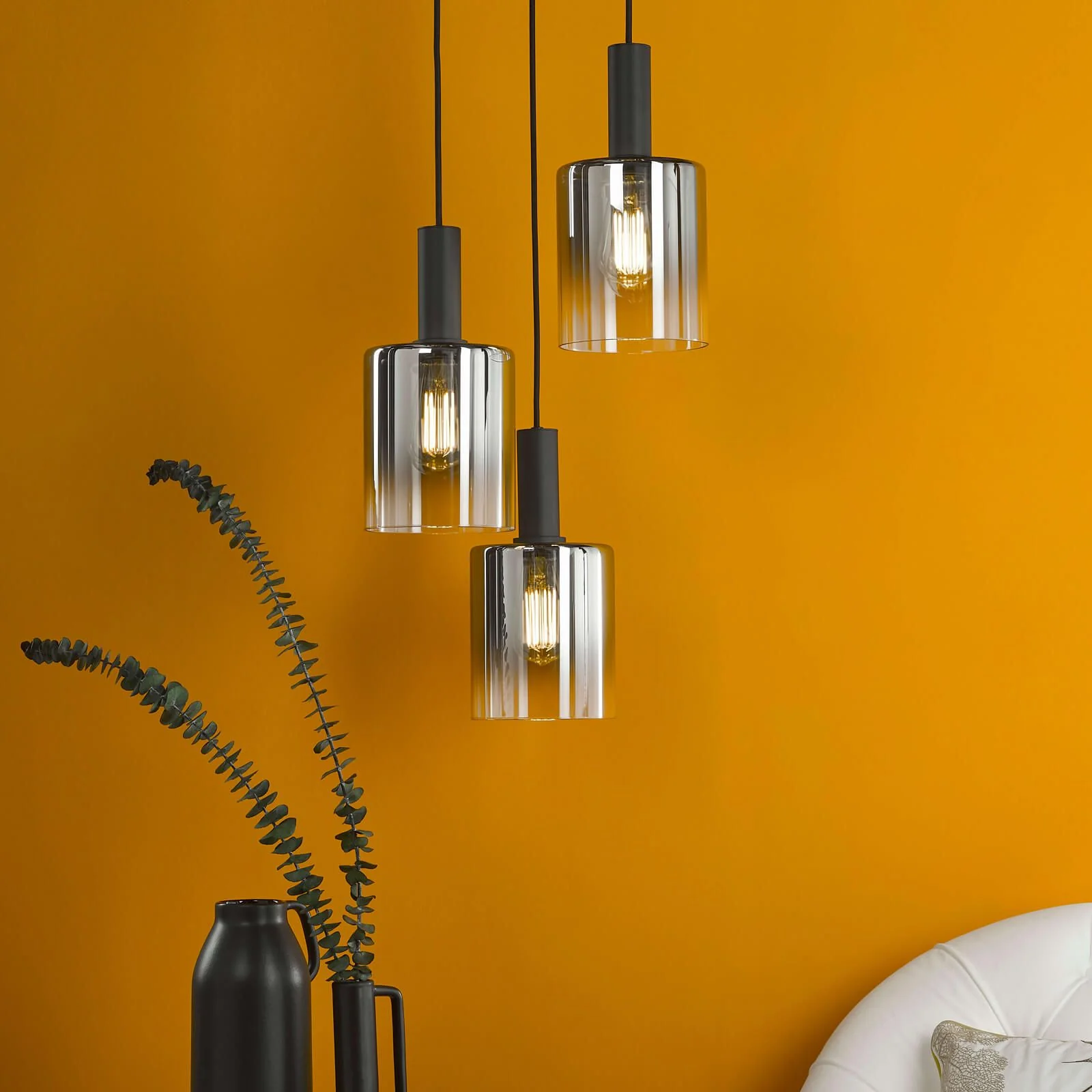Savannah 3 Light Cluster Pendant-  Matt Black and Smoked Glass/ Satin Gold and Gold Ombre Glass - Image 3