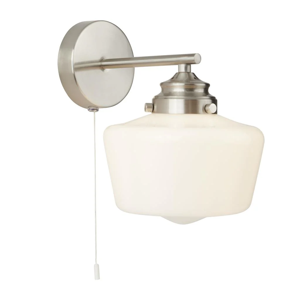 School House Wall Light, Satin Silver Metal & Opal Glass - Promotional Offer