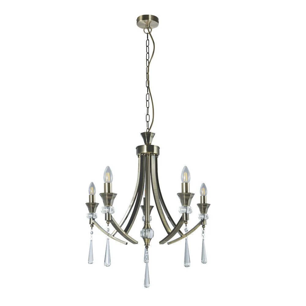 Sophia 5 Light Crystal Ceiling Light - Antique Brass Satin Chrome Finish