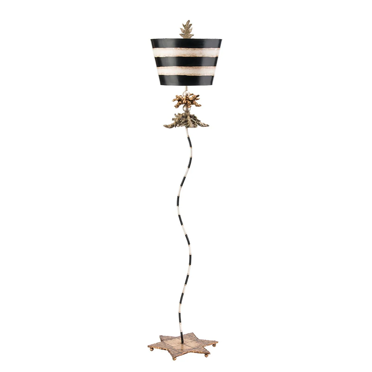 South Beach 1 Light -Floor Lamp - Black, Putty & Gold Leaf with Black and Cream Striped Shade E27