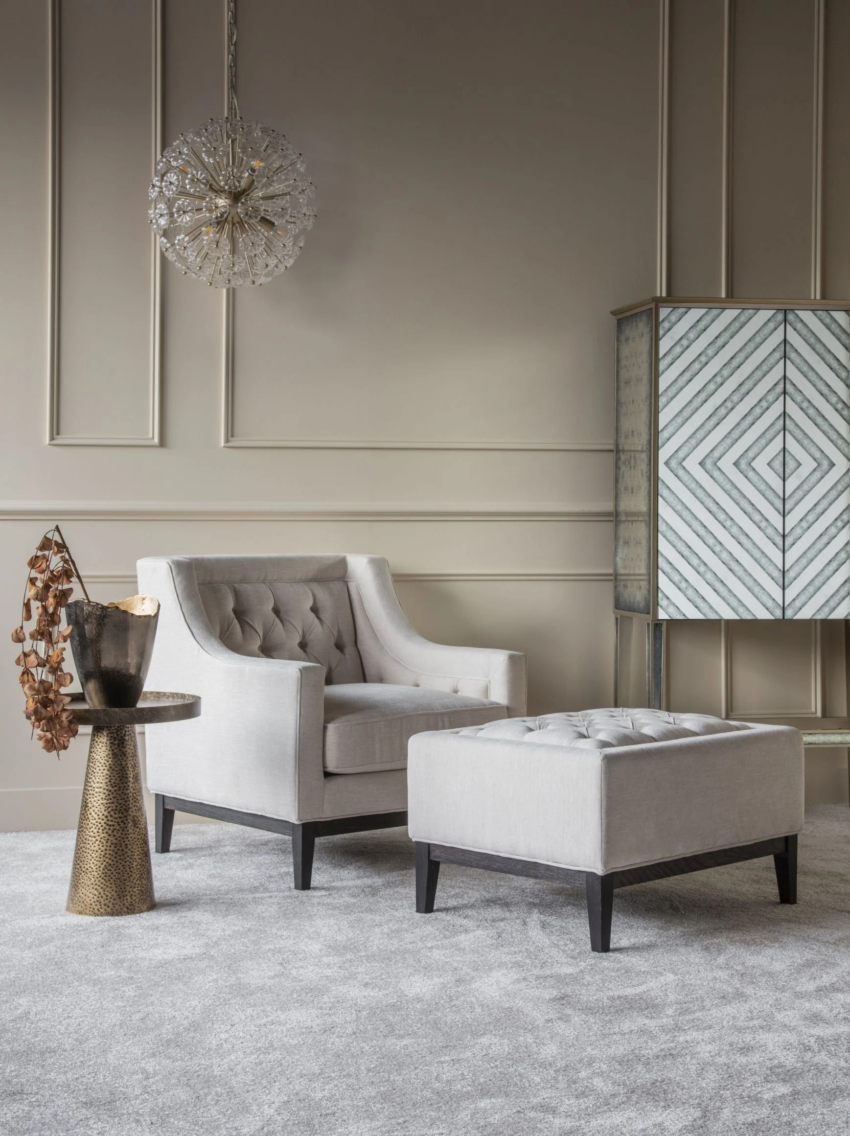 Theodore Buttoned Stool - Ivory/Warm Grey Fabric - Image 5