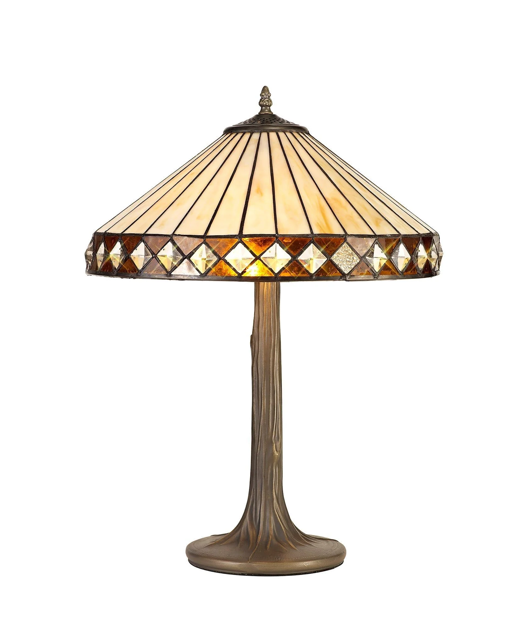 Tiffy 1 Light Curved Table Lamp E27 With 30cm Tiffany Shade, Amber/Cream/Crystal/Aged Antique Brass