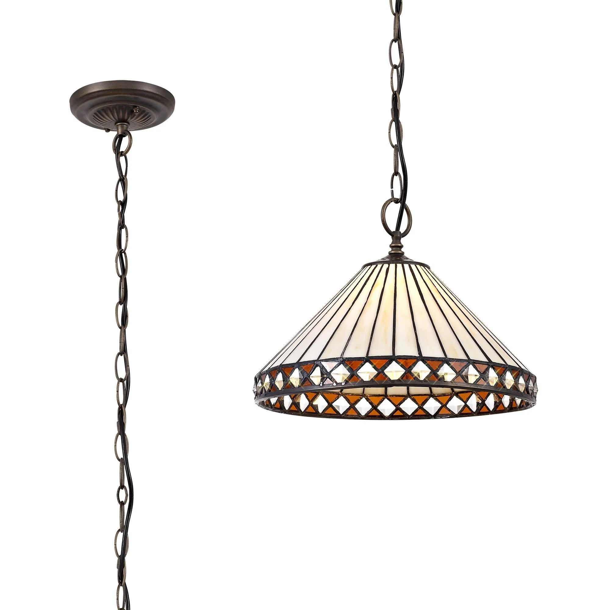 Tiffy 1 Light Downlighter Pendant E27 With 30cm Tiffany Shade, Amber/Cream/Crystal/Aged Antique Brass
