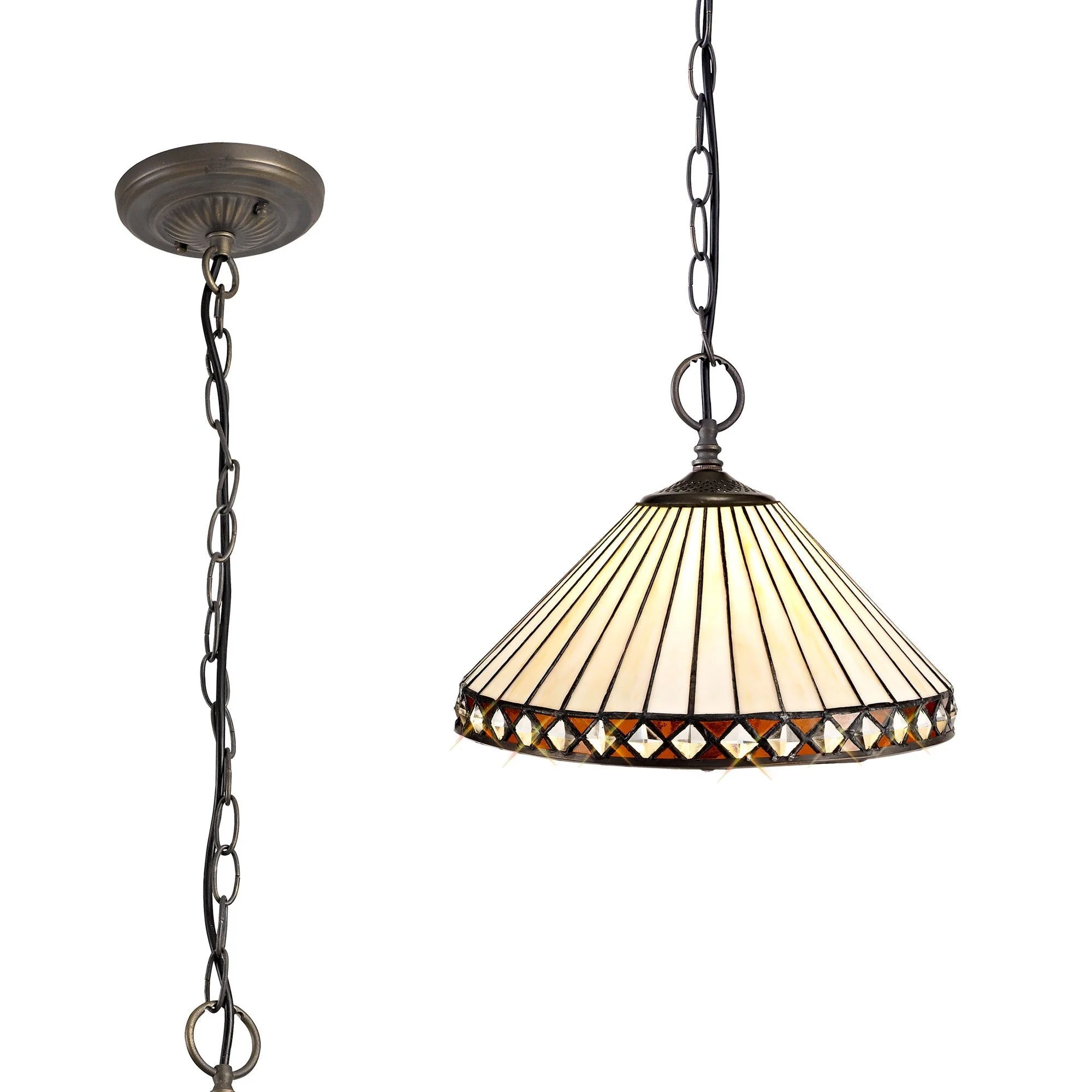Tiffy 1 Light Downlighter Pendant E27 With 30cm Tiffany Shade, Amber/Cream/Crystal/Aged Antique Brass - Image 4