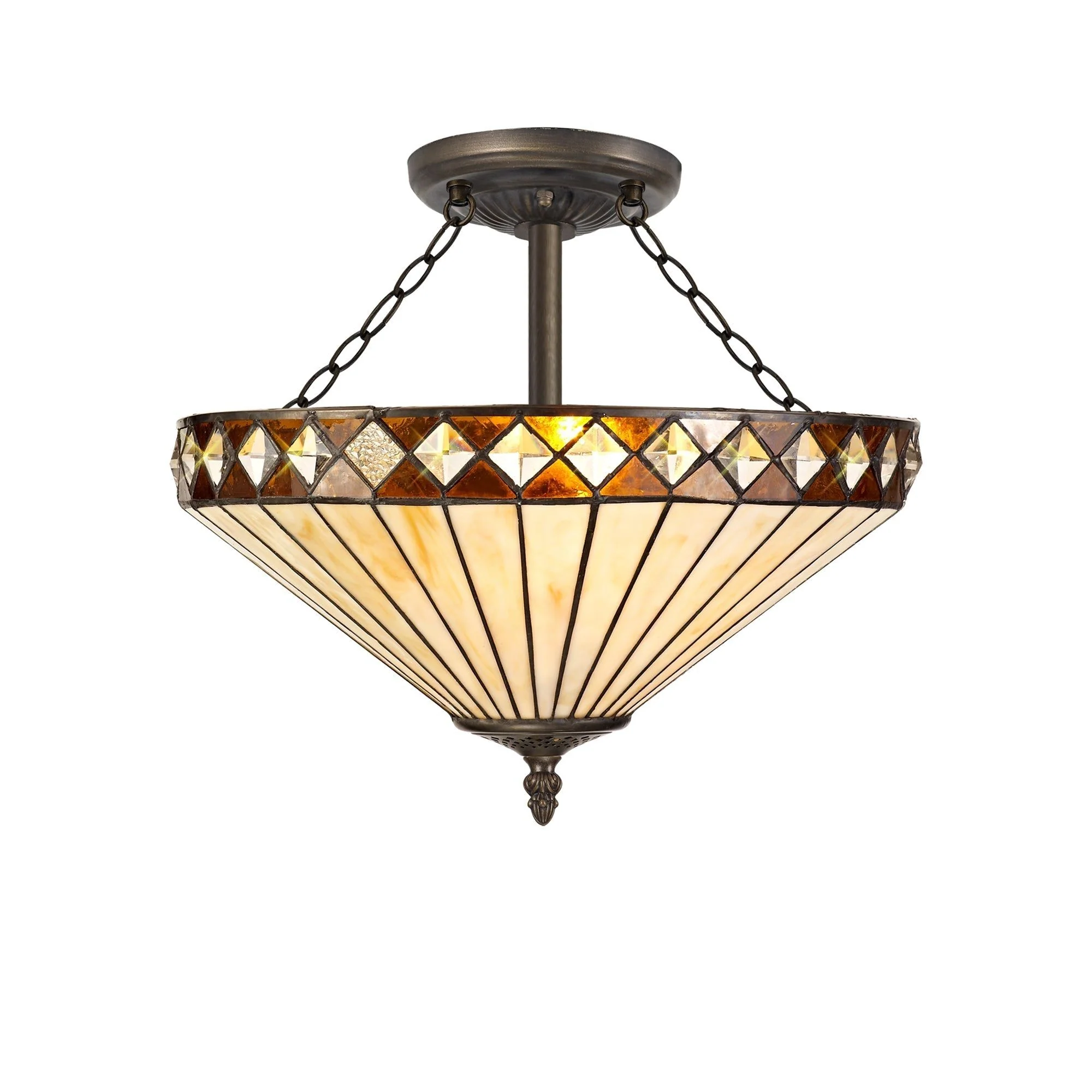 Tiffy 2/3 Light Semi Ceiling E27 With 30/40cm Tiffany Shade, Amber/Cream/Crystal/Aged Antique Brass