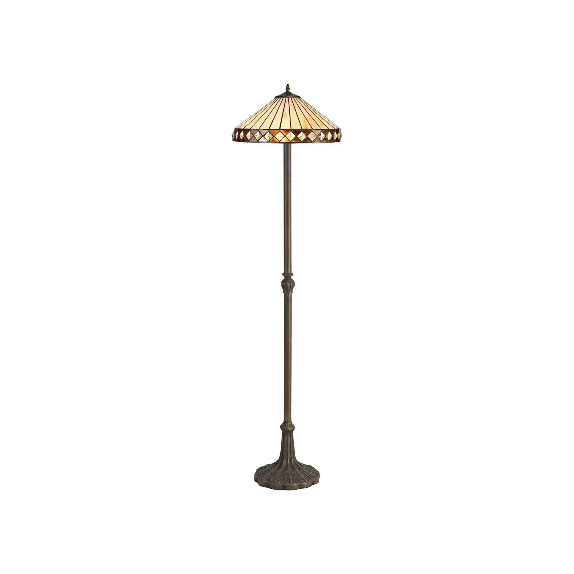Tiffy 2 Light Leaf/Octagonal/Stepped Design Floor Lamp E27 With 30/40cm Tiffany Shade, Amber/Cream/Crystal/Aged Antique Brass