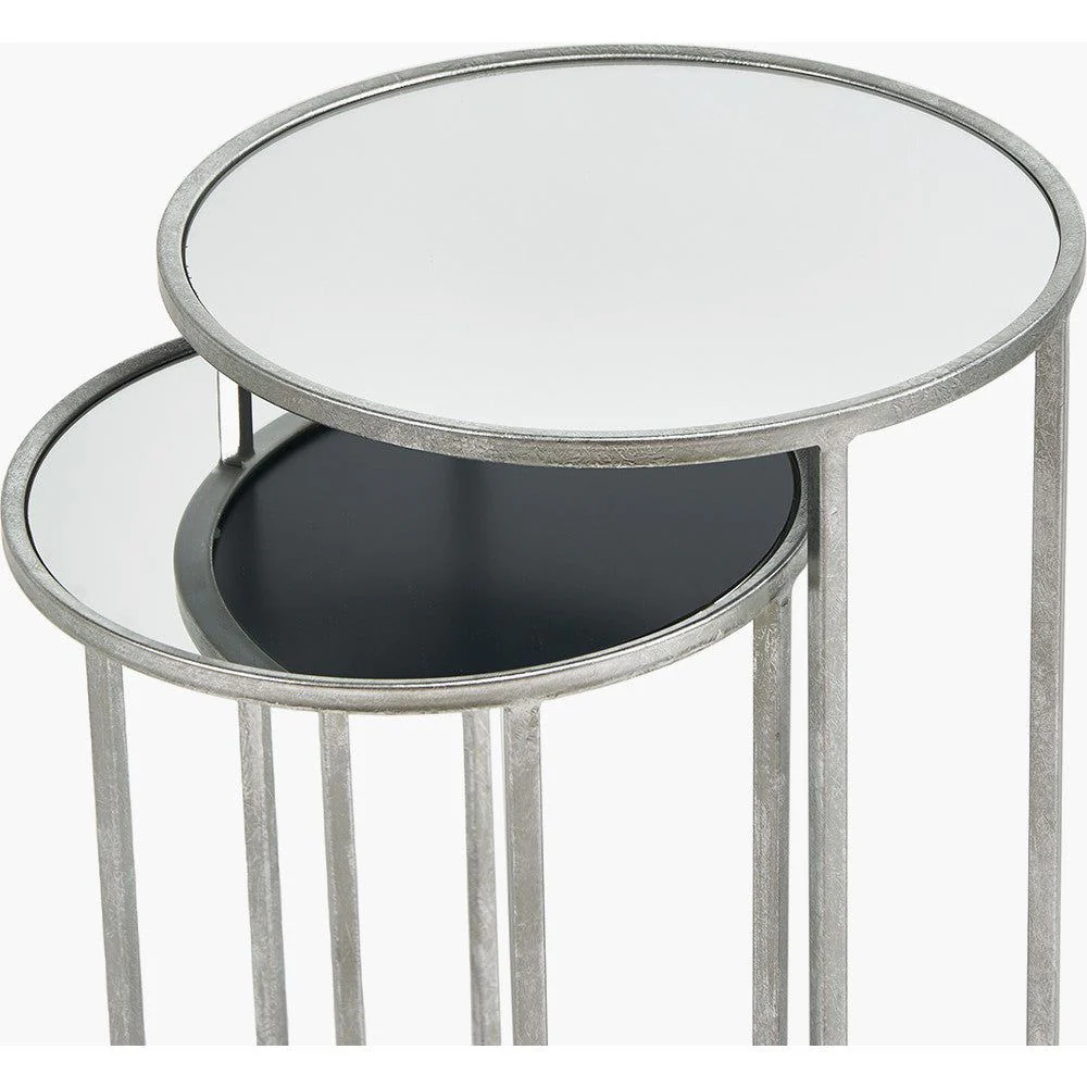 Veneziano Set of 2 Metal and Mirrored/Black Glass Round Tables - Silver/Gold Finish - Image 3