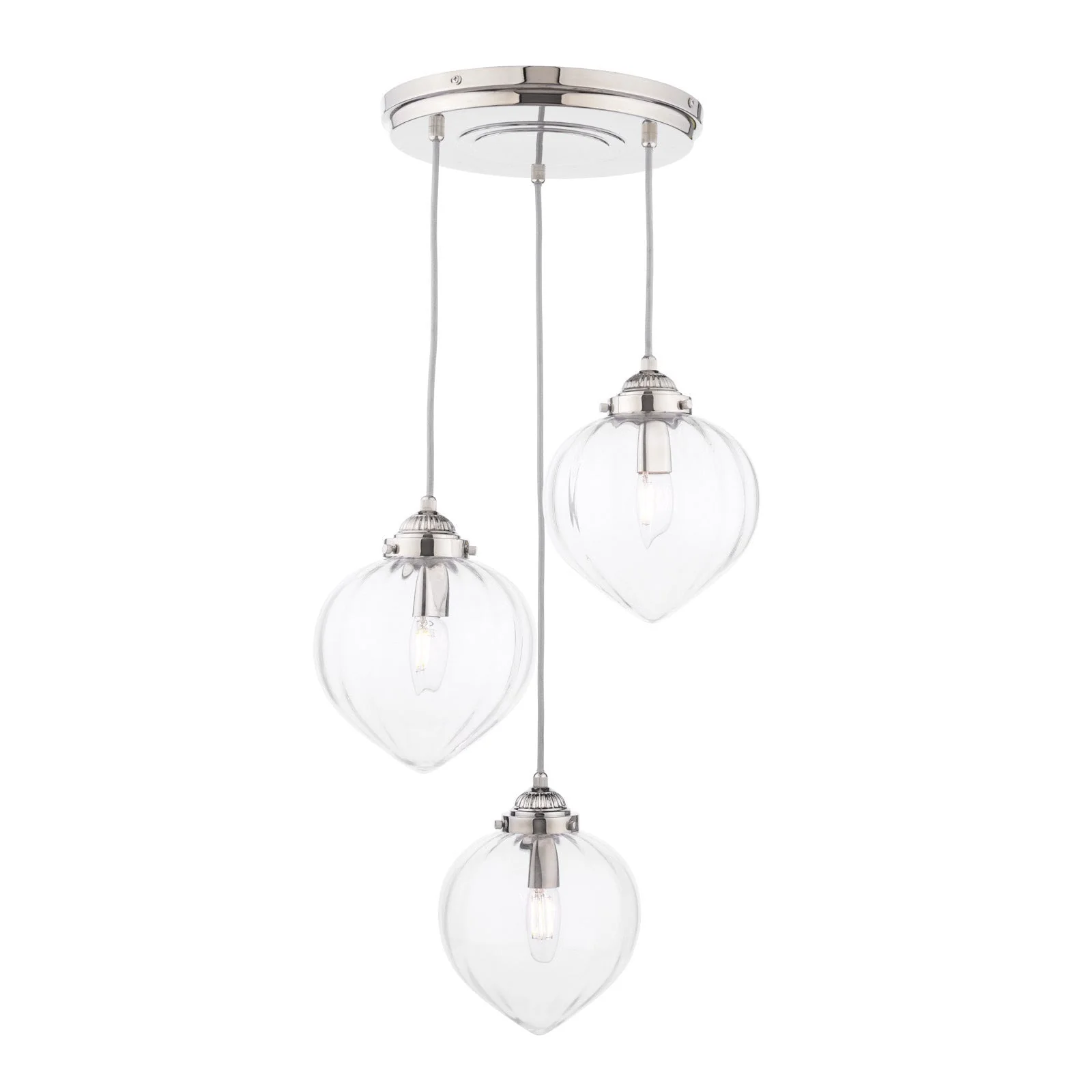 Whitham 3 Light Cluster Pendant Polished Nickel/Antique Brass and Ribbed Glass E14