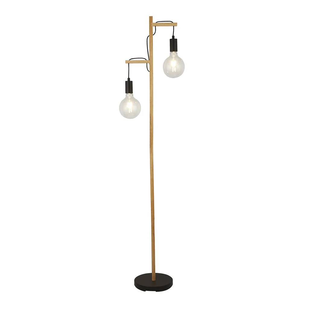 Woody 2Lt Floor Lamp - Natural Wood & Black Metal E27